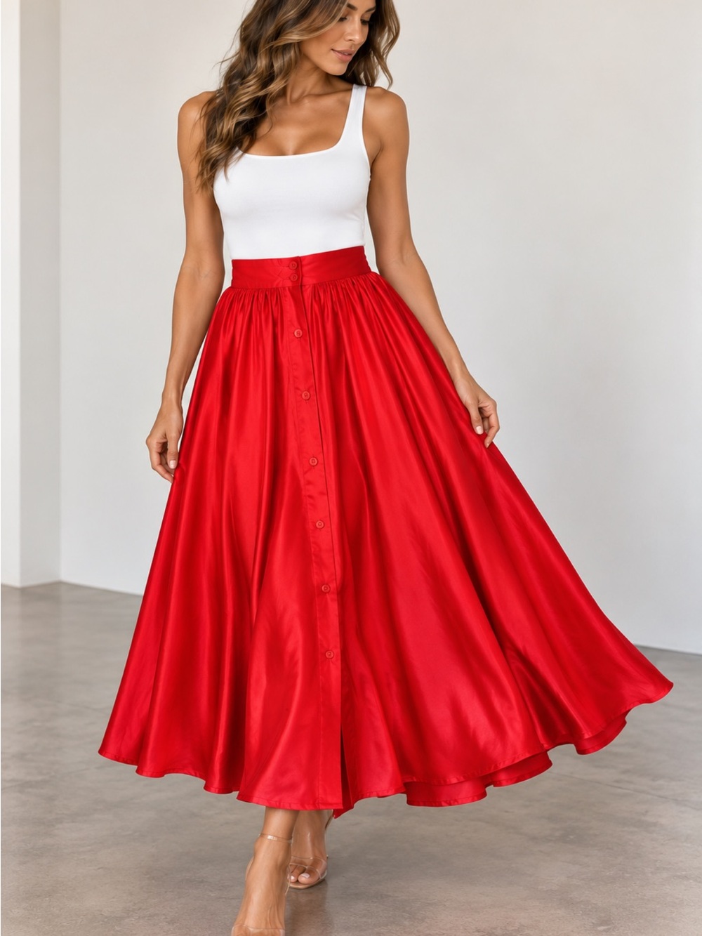 Vintage Red Romantic Button-Front Midi Silk Skirt with pockets